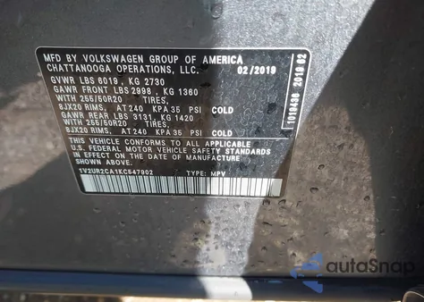 2019 Volkswagen Atlas 3.6L V6 Se W/Technology из США, поврежденный, VIN 1V2UR2CA1KC547902